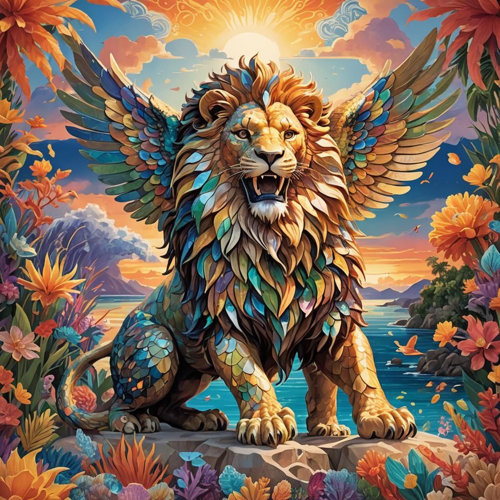Winged Lion Mascot on Tropical Beach at Sunset