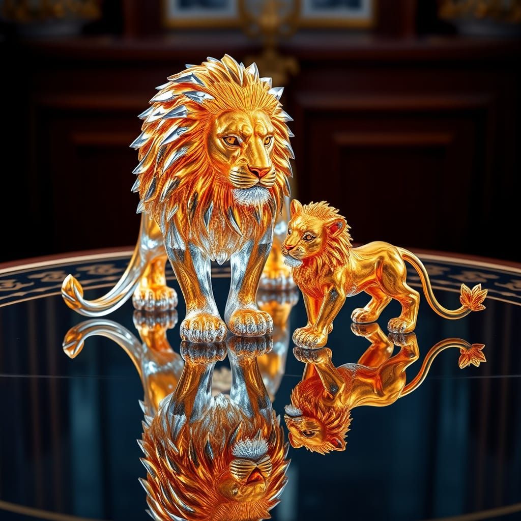Regal Crystal and Gold Statue of Lion Mama and Baby