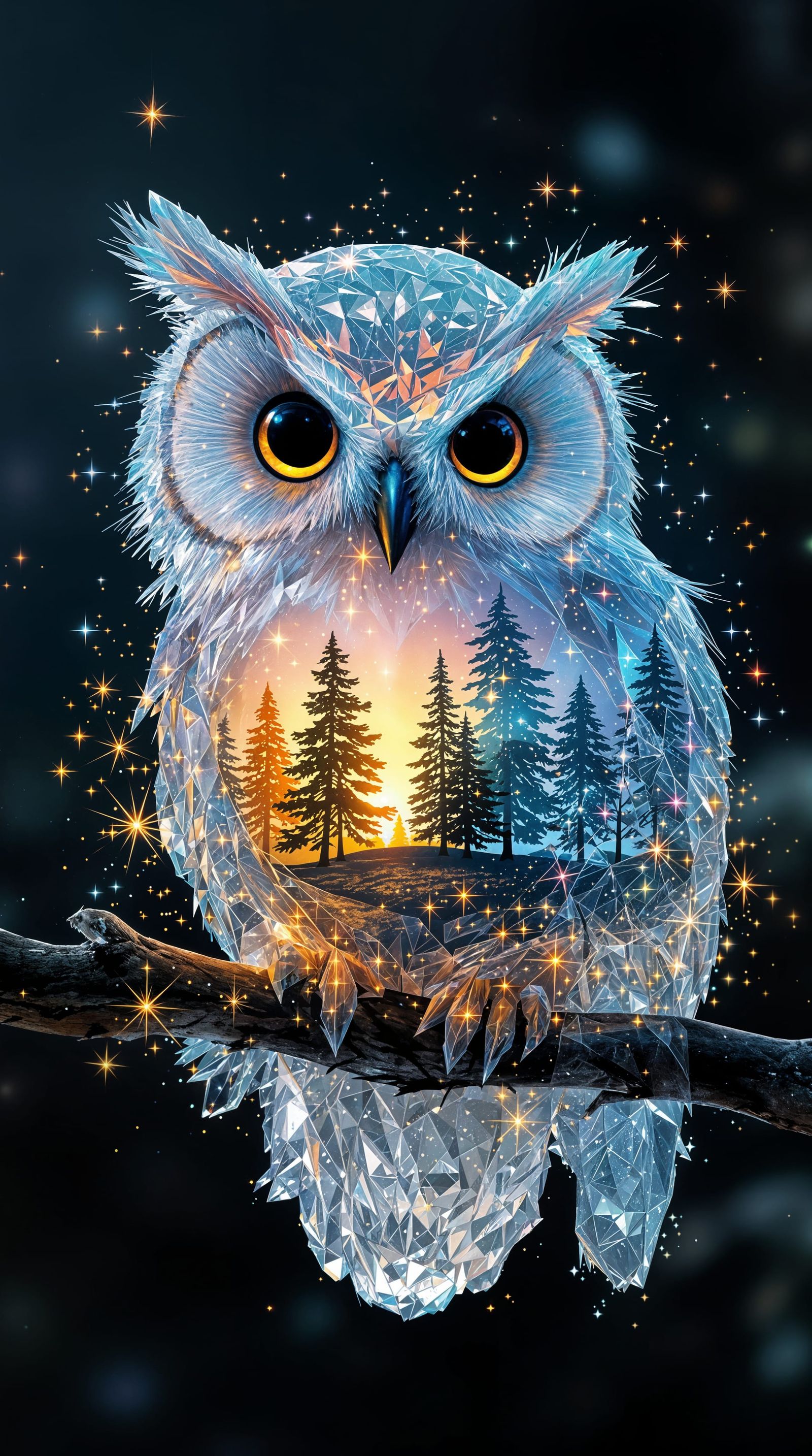 Surreal Iridescent Owl in Cosmic Fairy Forest