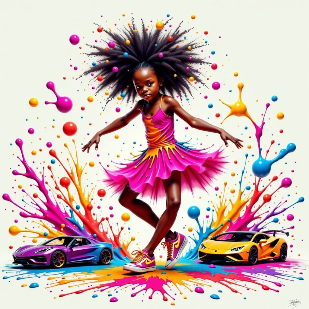 Girl Dancing with Hotwheels in Paint Splatter Style