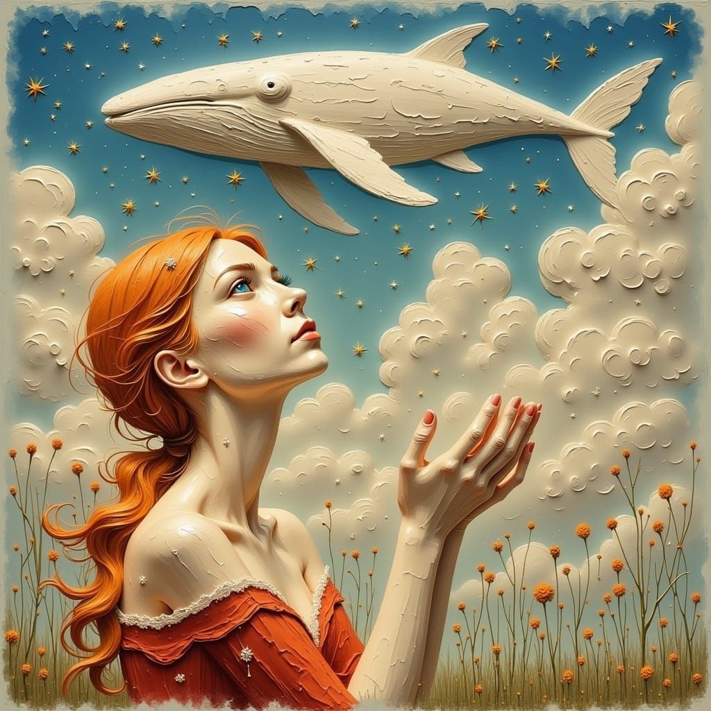 Whimsical Girl Admires Majestic White Whale in Ethereal Skie...