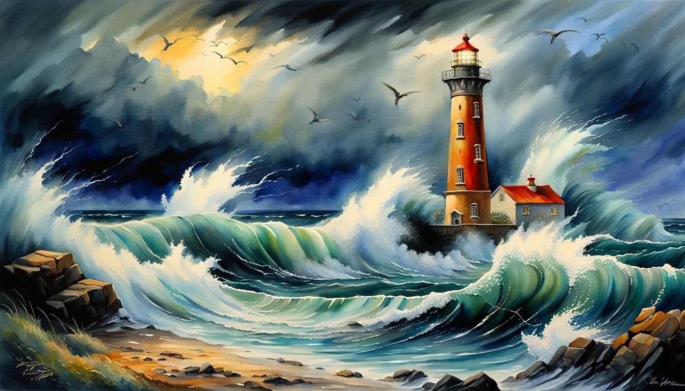 Stormy Seashore Lighthouse Watercolor