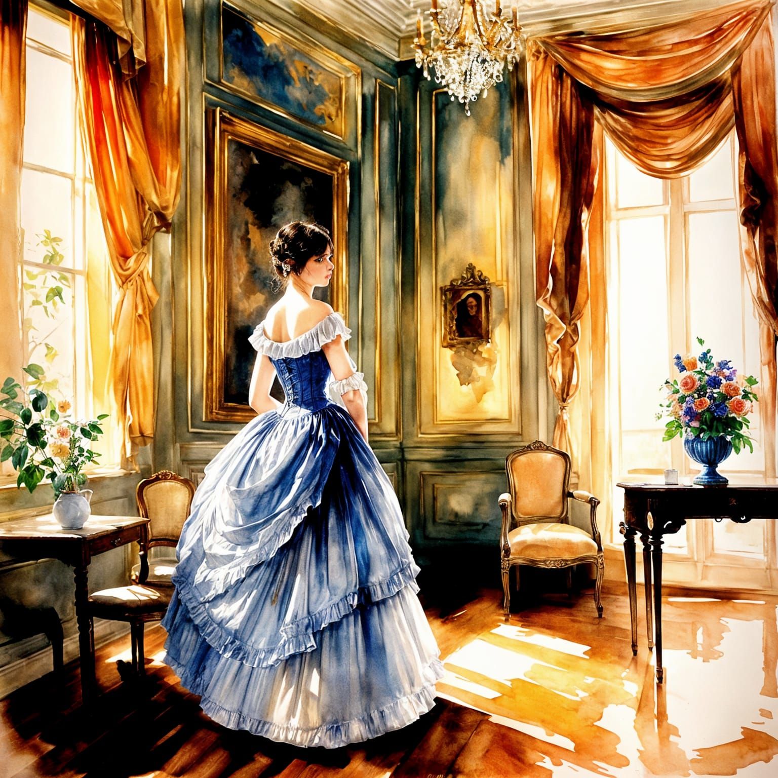 Watercolor Portrait of Elegant 19th Century French Woman