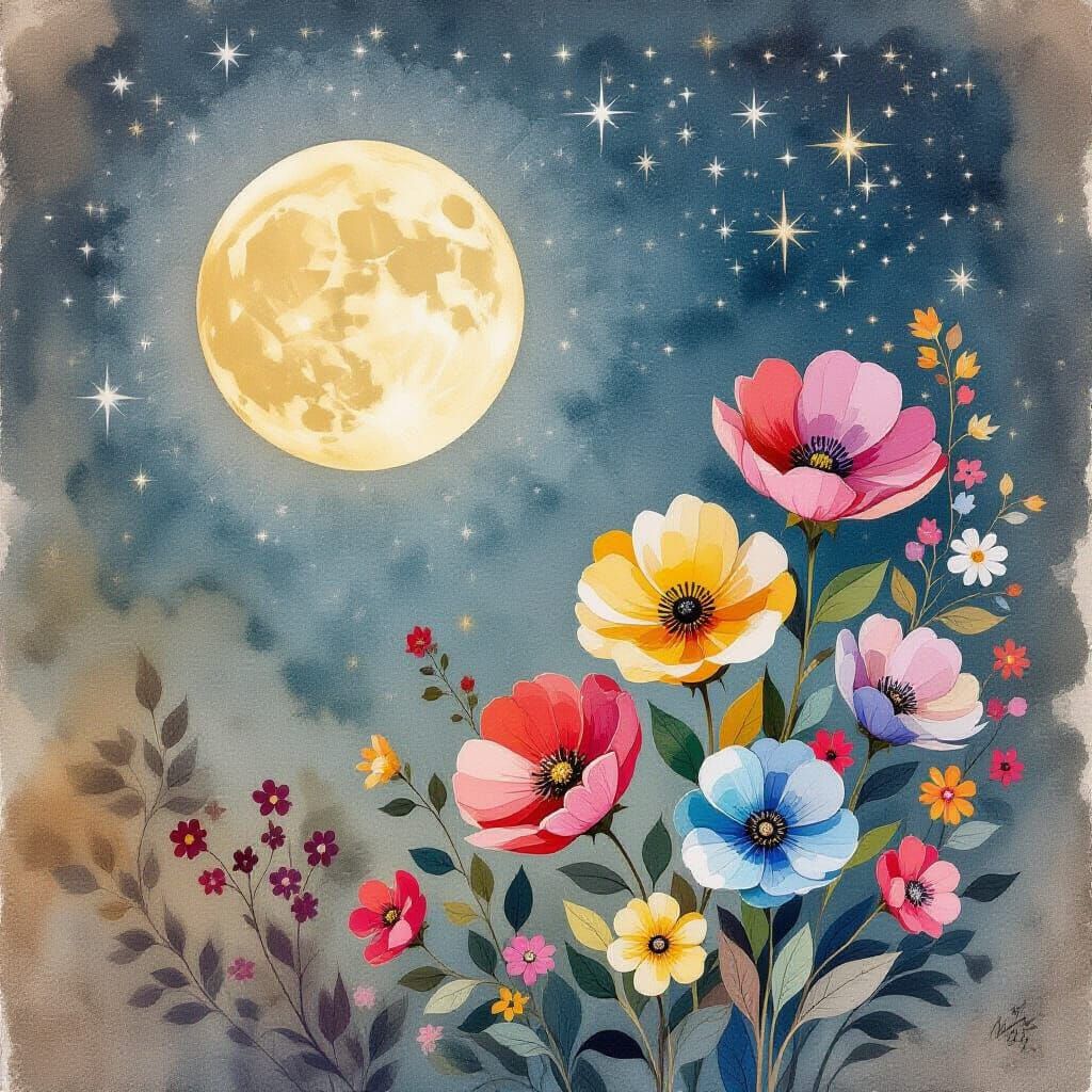 Flowers in Moonlight: Modern Ink Painting