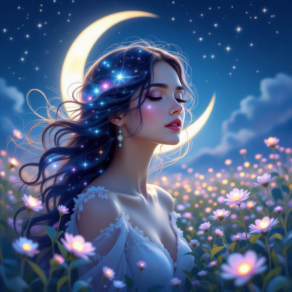 Ethereal Woman with Nebula Hair in Cosmic Garden