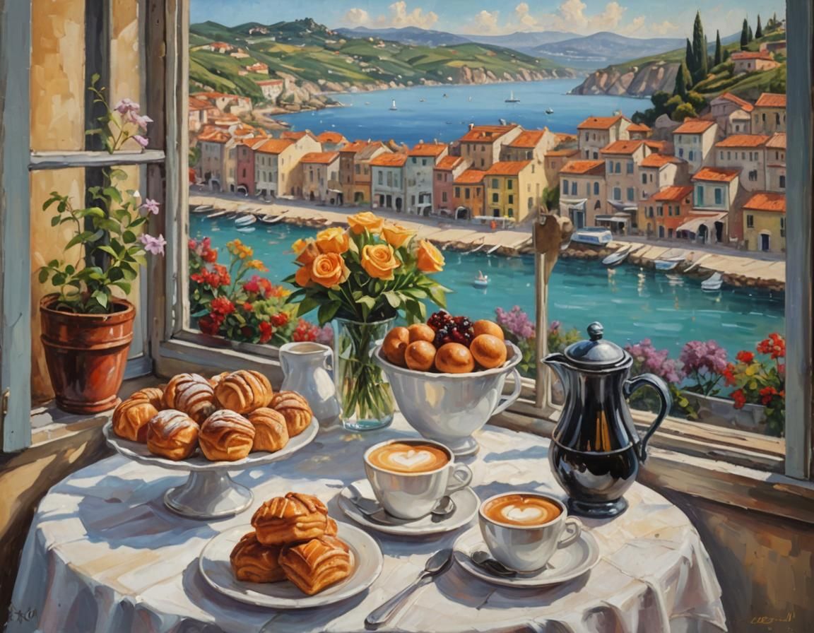 Italian Breakfast Still Life, Impressionist Oil Painting