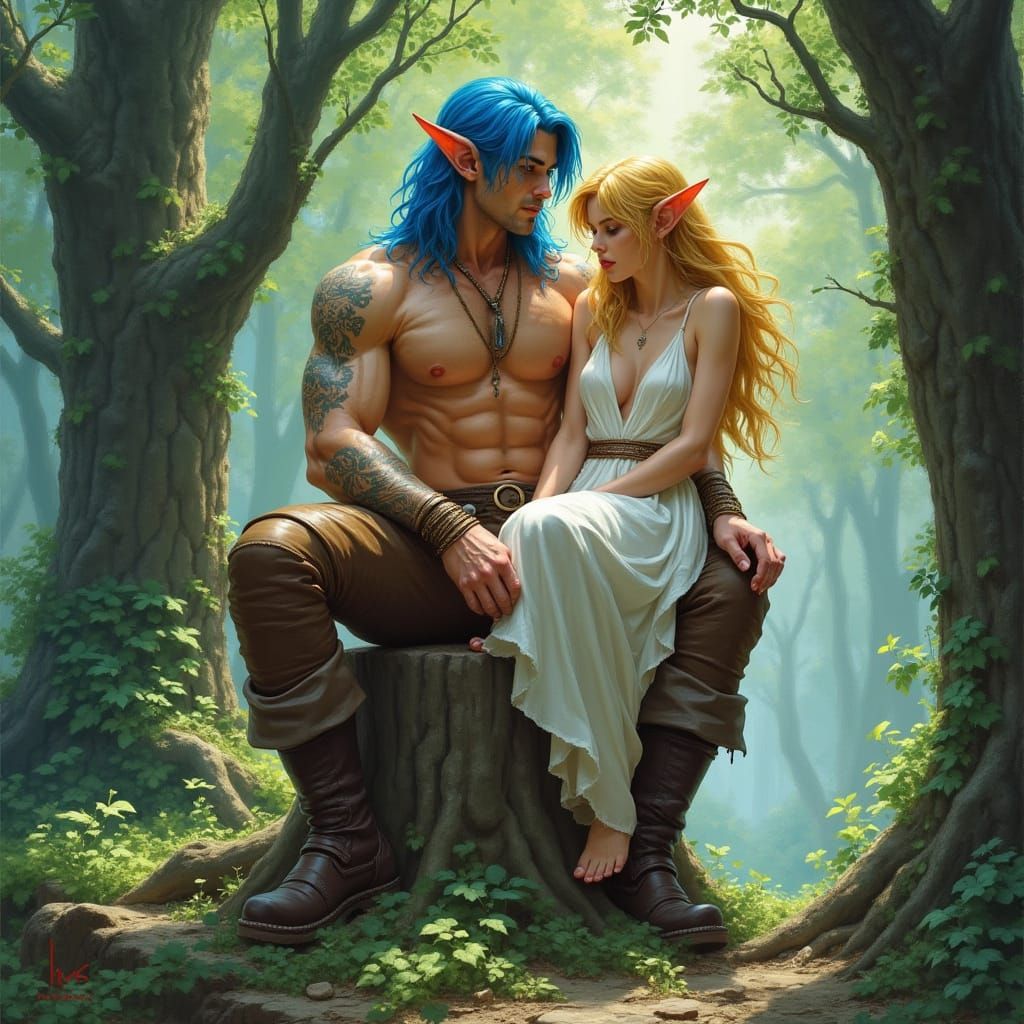 Muscular Elf with Blue Hair in Lush Forest