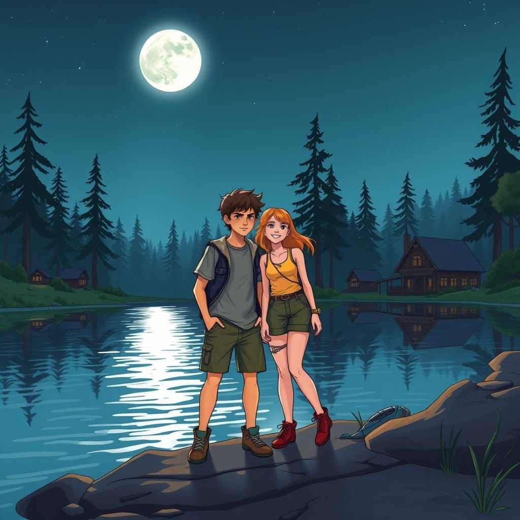 Camp Half-Blood Moonlit Lake Scene in Whimsical Style