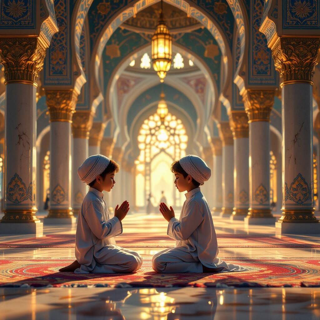 Muslim Children Praying in Mystical Mosque