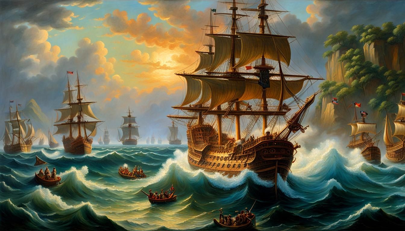 Pirate Ships Battle in the Caribbean Sea