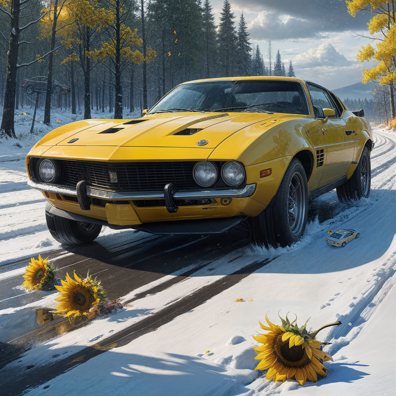 Vibrant Hyperrealistic Sports Car in Winter Wonderland