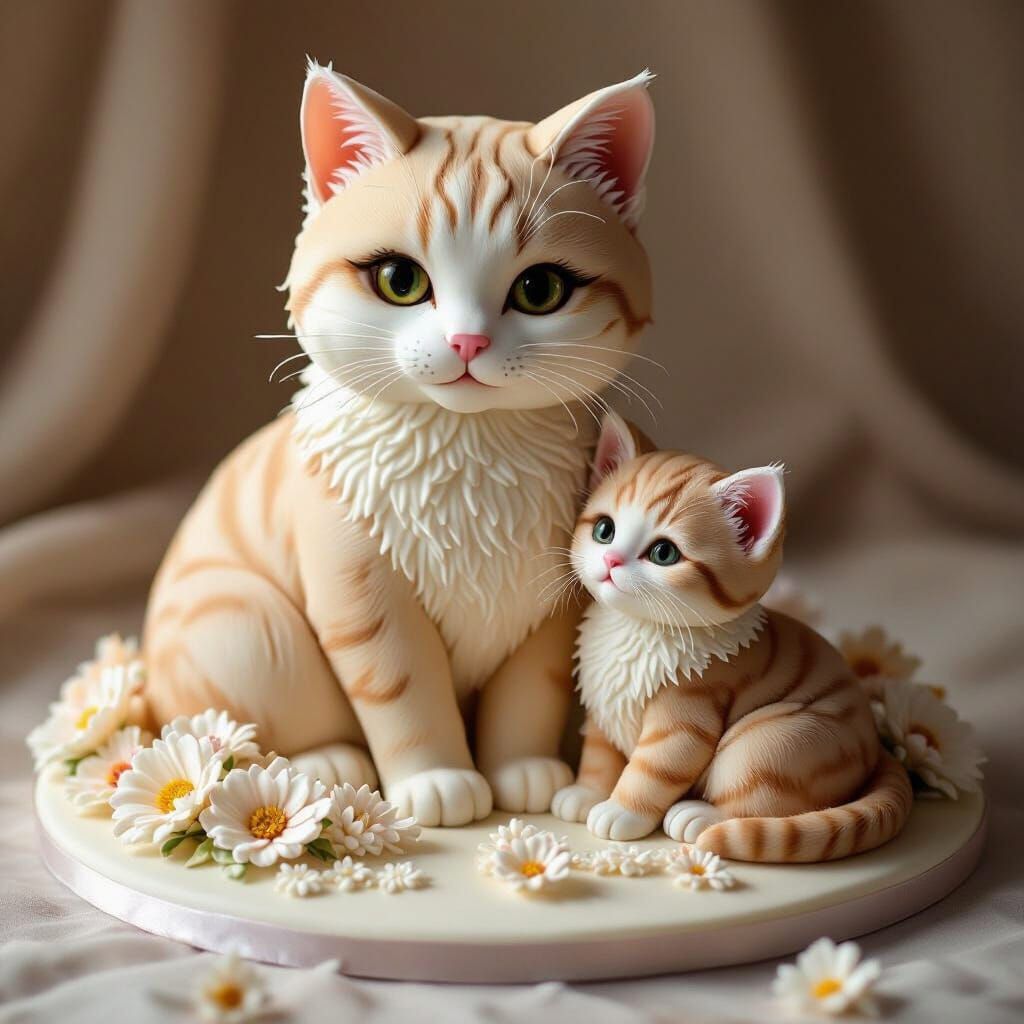 Mother Cat and Kitten Fondant Cake Sculpture