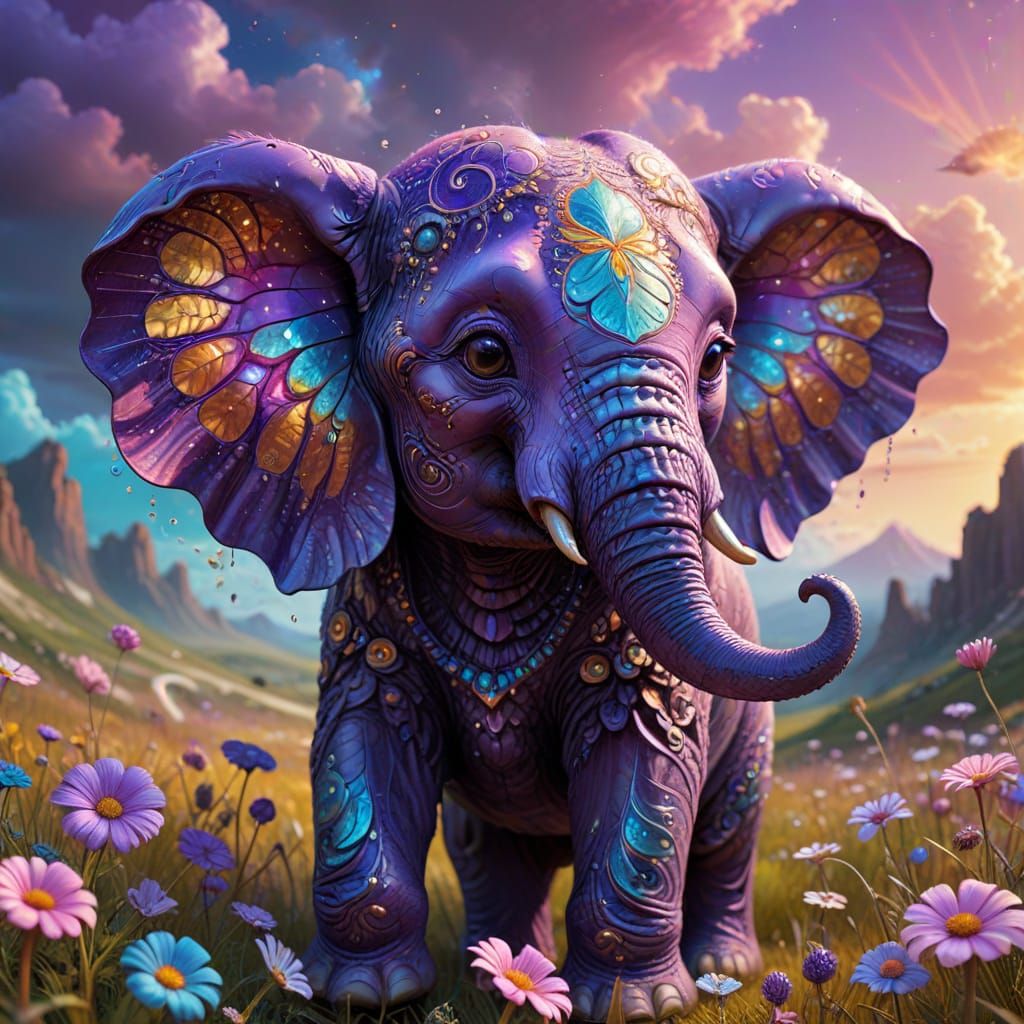 Psychedelic Chibi Baby Elephant in Vibrant Candyland Meadow