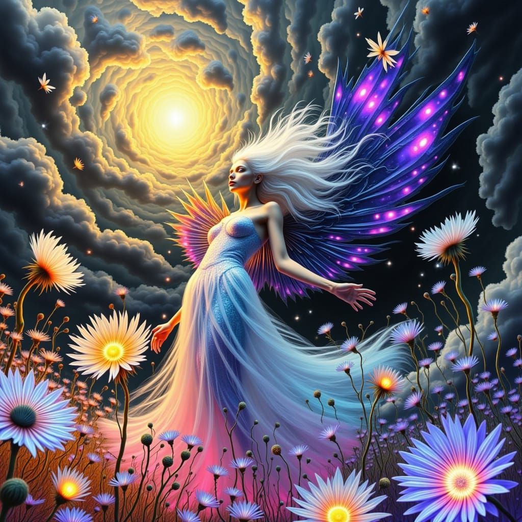 Surrealist Goddess in Whirlwind of Ghostly Blooms