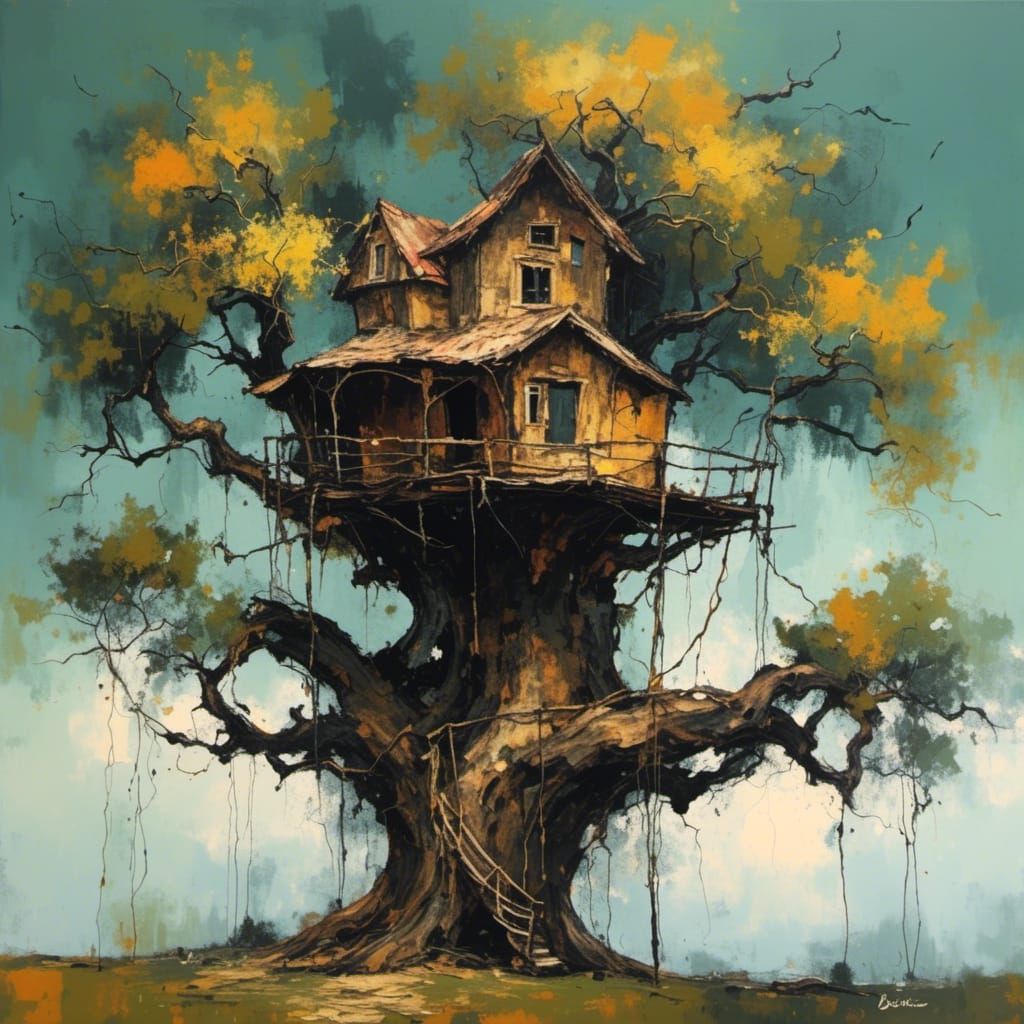 Abstract Treehouse in Ancient Oak Branches