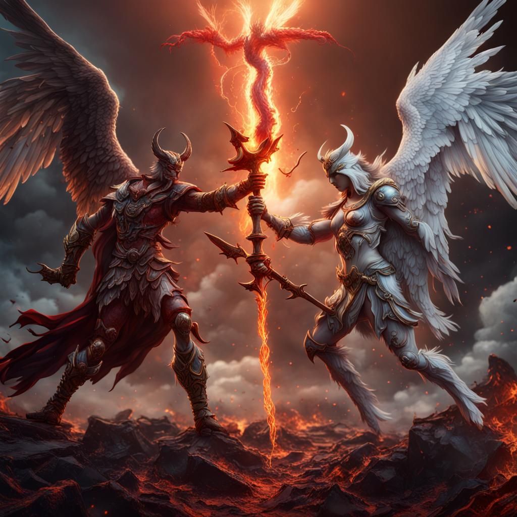 Epic Battle: Angel Versus Devil in Detailed Matte Painting