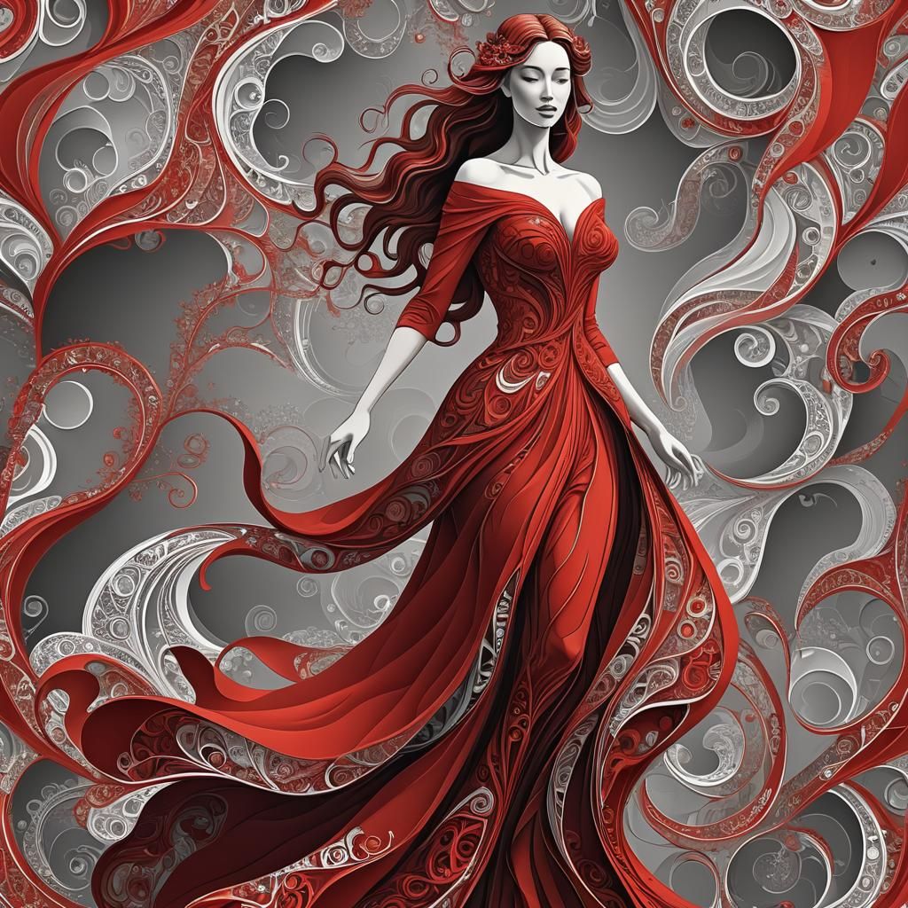 Curvy Woman in Flowing Red Gown with Zentangle