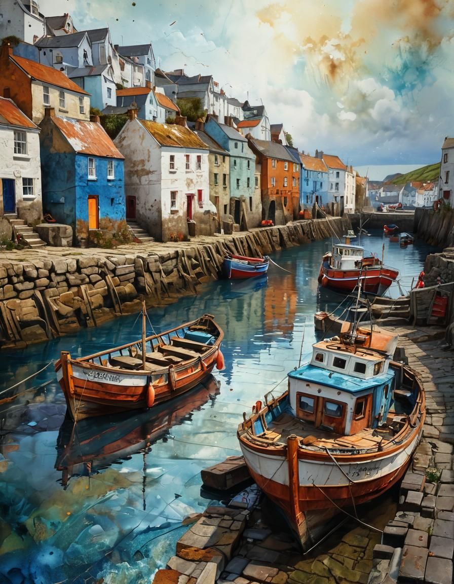 Fishing Boats in Harbor: Rusty Metal Alcohol Ink Art