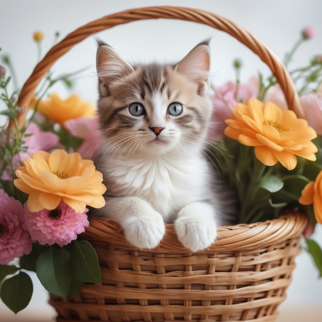 Vibrant Wicker Basket Scene with Delicate Flowers and Kitten