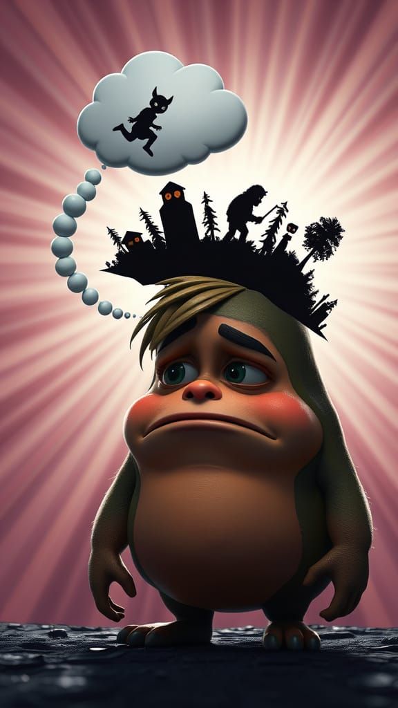 Whimsical Character Contemplates Dark Scenarios in a Vibrant...