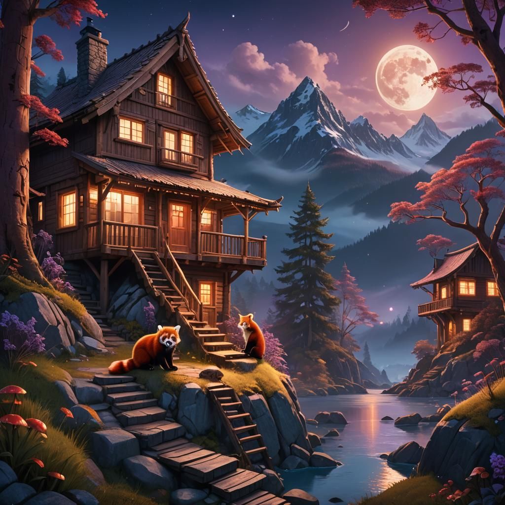 Red Pandas at Mountain Cabin: Fantasy Art