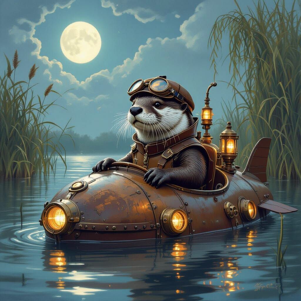 Steampunk Otter Captain on Moonlit Lake