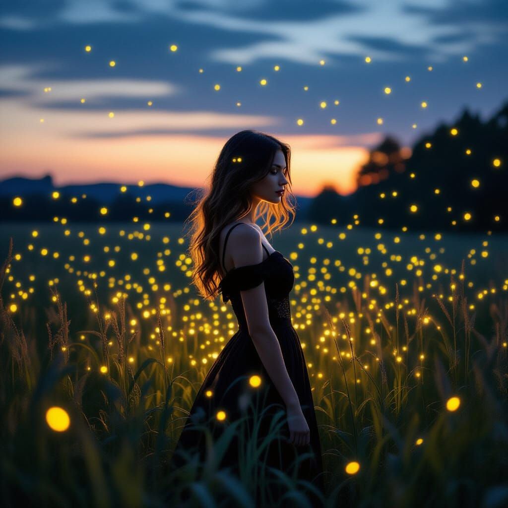 Fireflies Form Image of Woman in Dark Scene