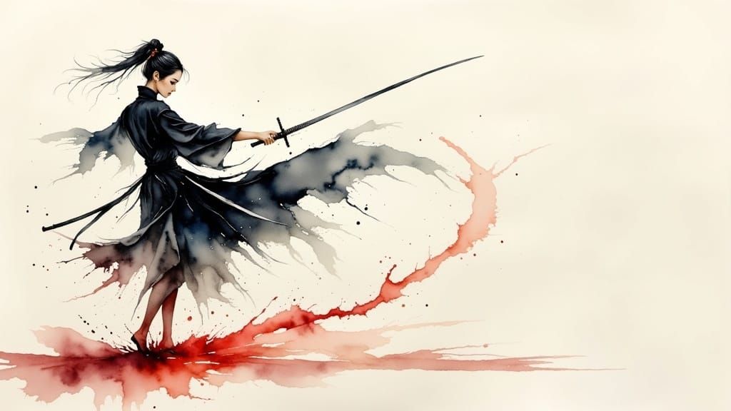 Elegant Lady Swings Sword with Watercolor Splash