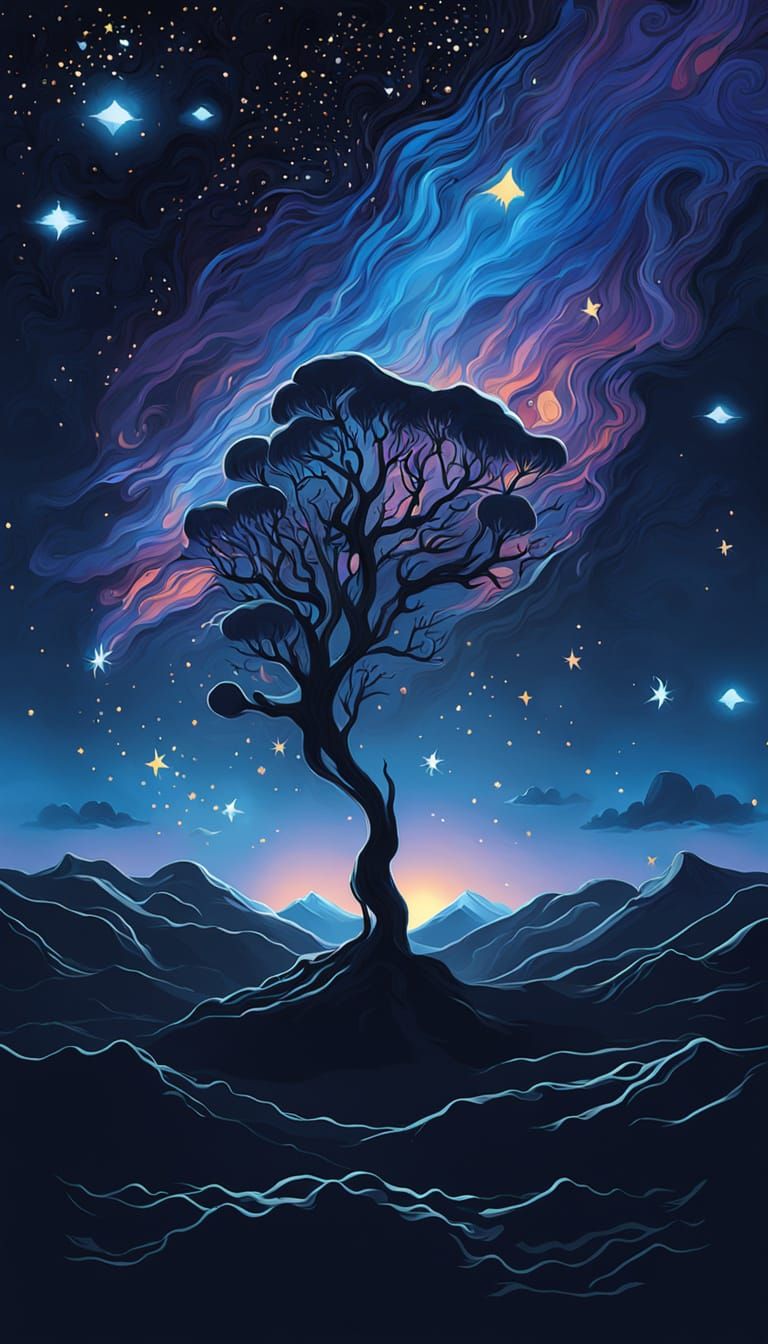 Dreamlike Surrealist Scene in Vibrant Starry Night Sky