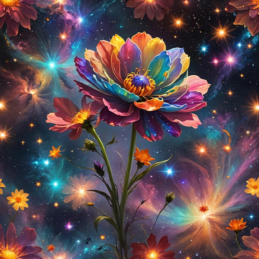 Luminescent Flower Floating in Space with Galaxies