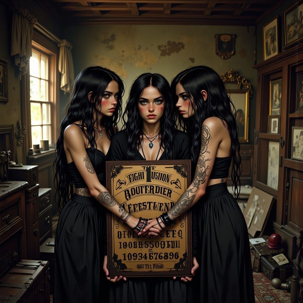 Three Women Engage in Ouija Board Ritual in Dimly Lit Attic