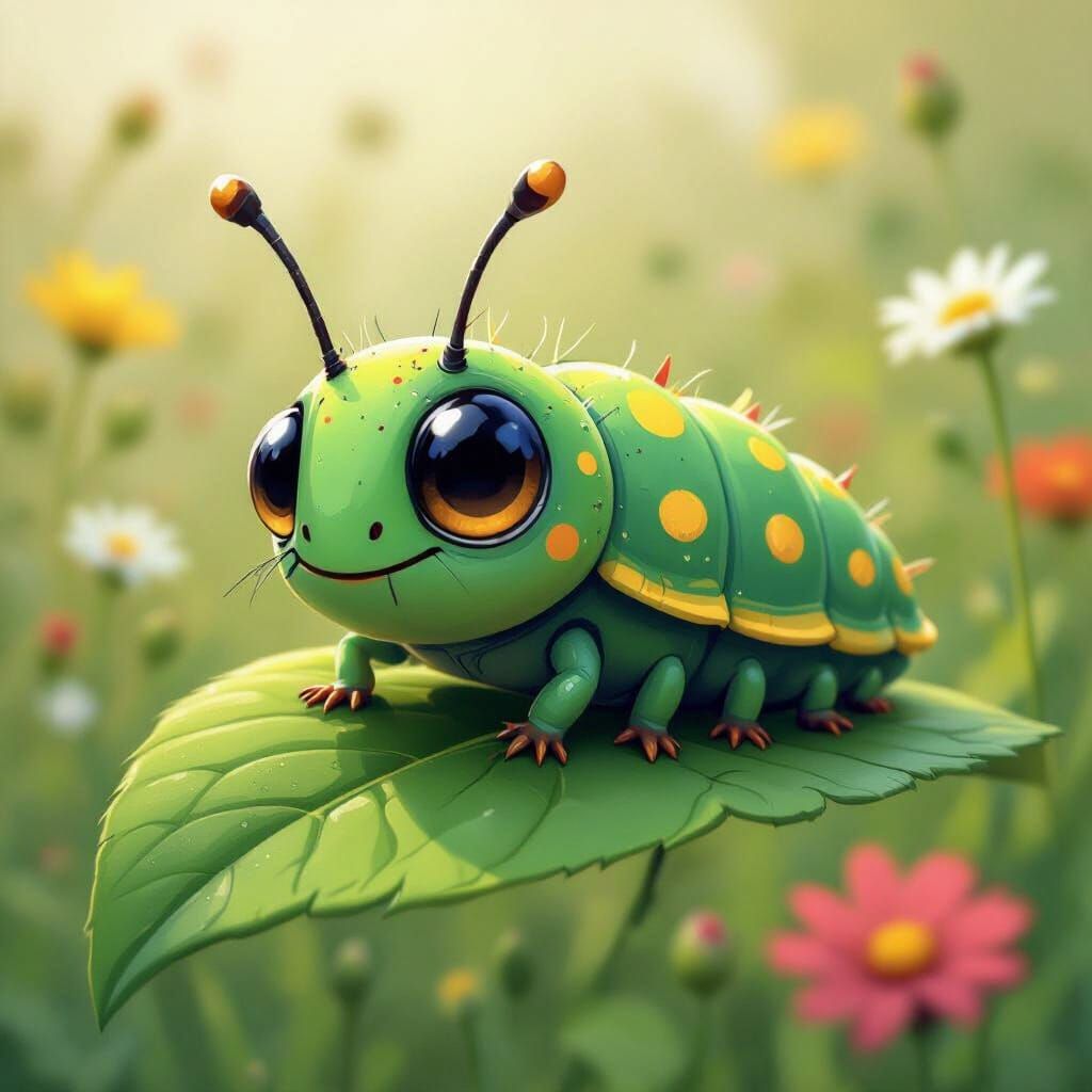 Cartoon Caterpillar on Leaf in Meadow, Watercolor Style