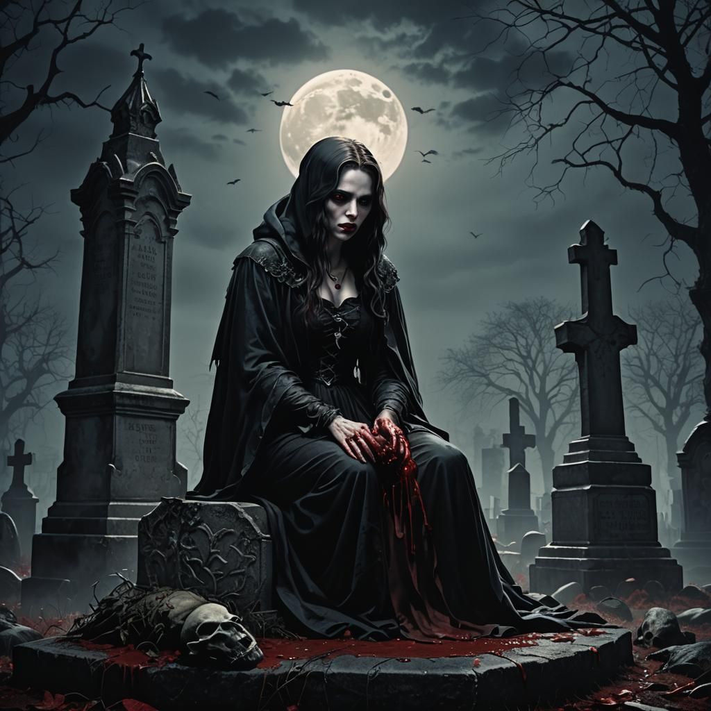 Feral Vampire with Severed Head in Dark Cemetery