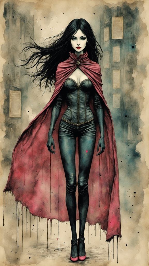 Bold Superheroine in Shimmering Klimt-Inspired Cape