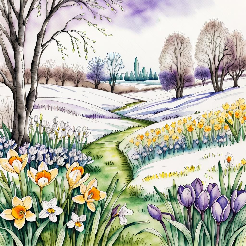 Detailed Ink Drawing of Spring Flowers in Watercolor