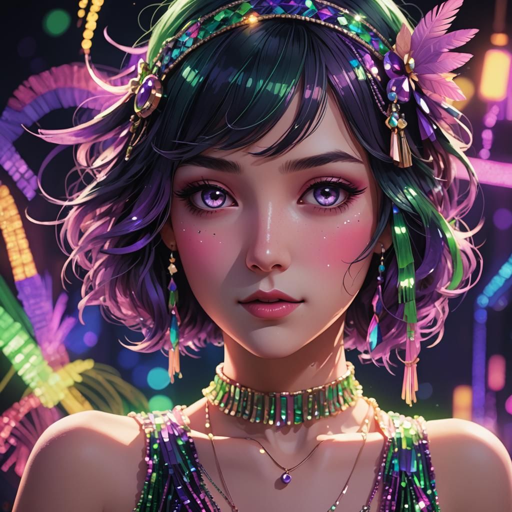 Neon 1920s Flapper Girl Portrait in Anime Style