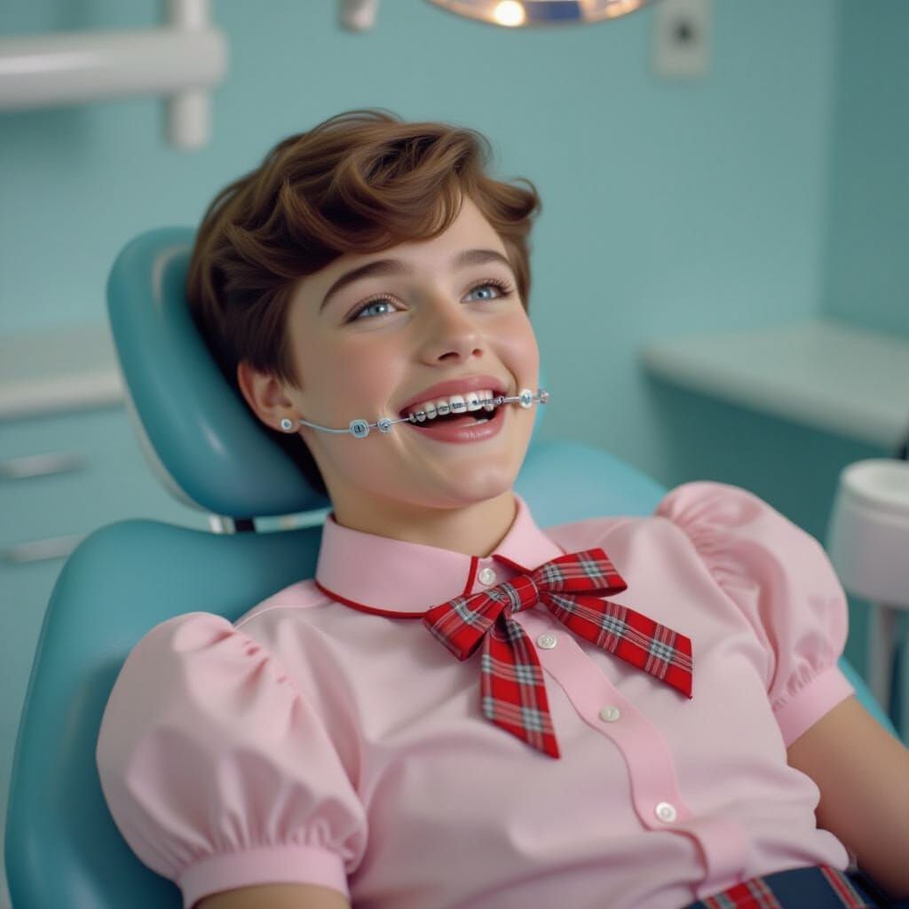 Man with Braces in Dentist Chair, Cinematic Film Still