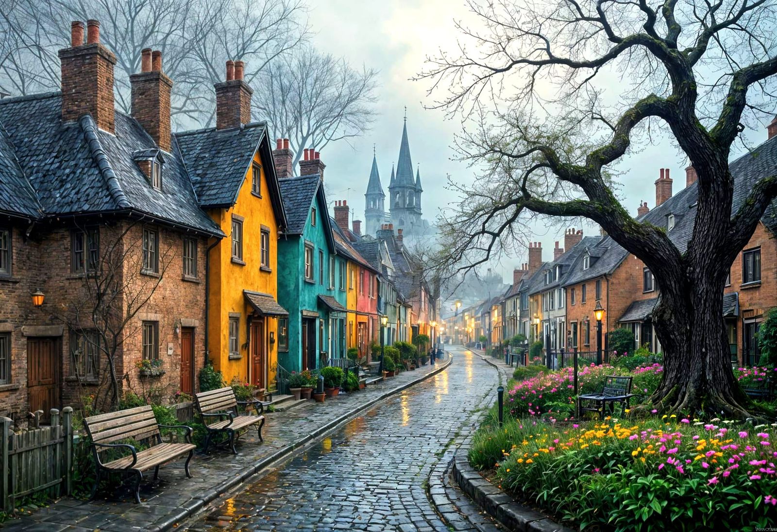 Whimsical Surreal Village in Naive Art Style