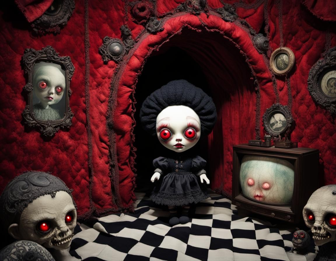 Creepy Candlewicked Dollequin Watching Television