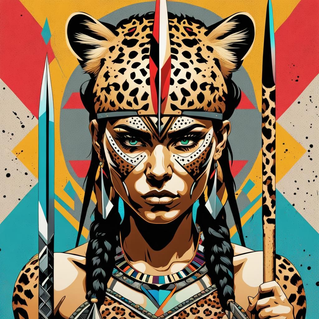Tribal Warrior in Pop Art Style With Holographic Background