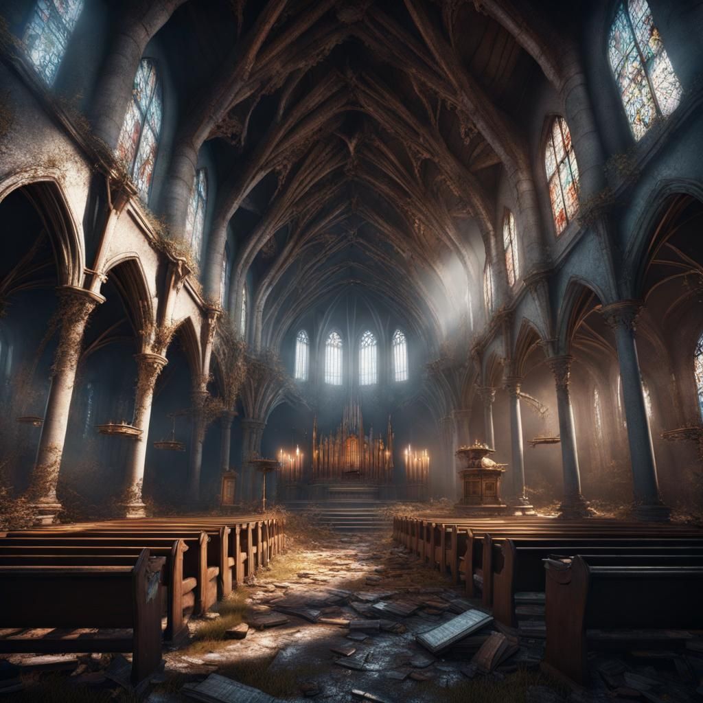 Detailed Painting of Old Church Interior