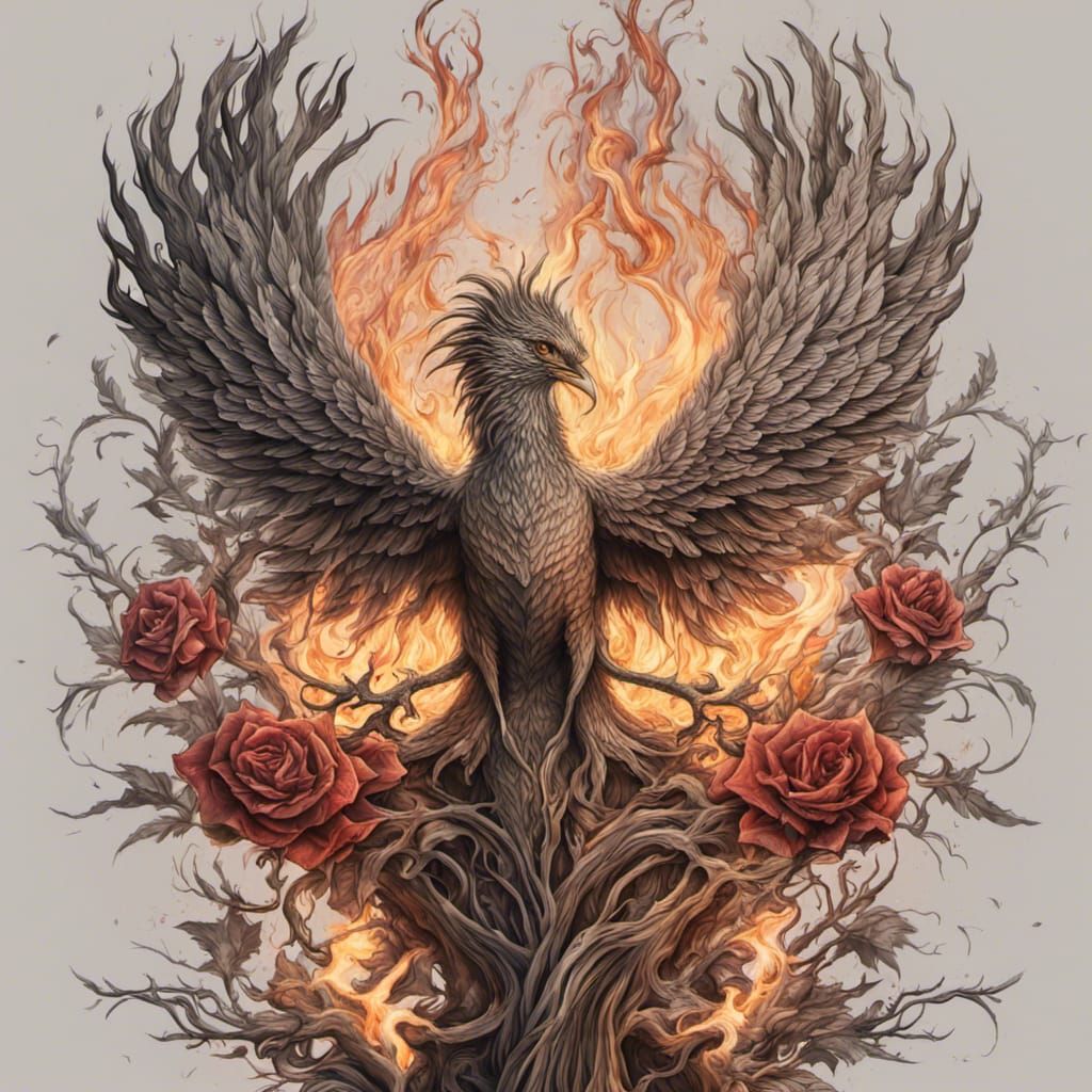 Phoenix Rising with Rose Branch: Hyperrealistic HDR Image