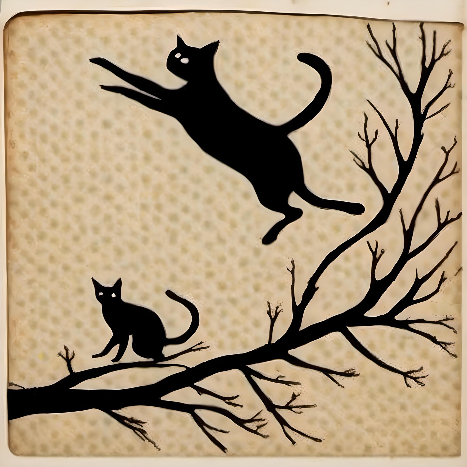 Surreal Cat Leaping from Tree Branch in Folk Art Style