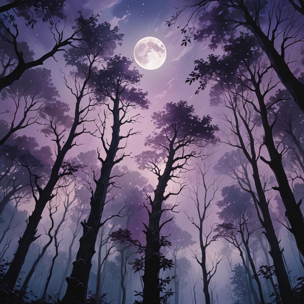 Mystical Forest Landscape with Moon, in Oil Painting Style