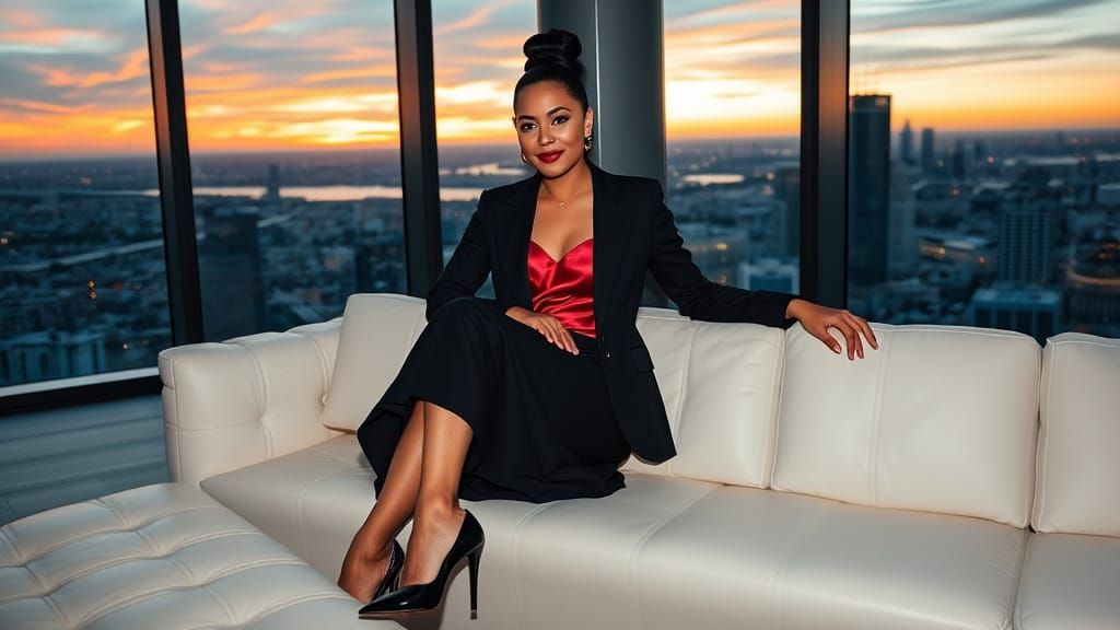 Confident Latina Executive in Modern Office at Sunset