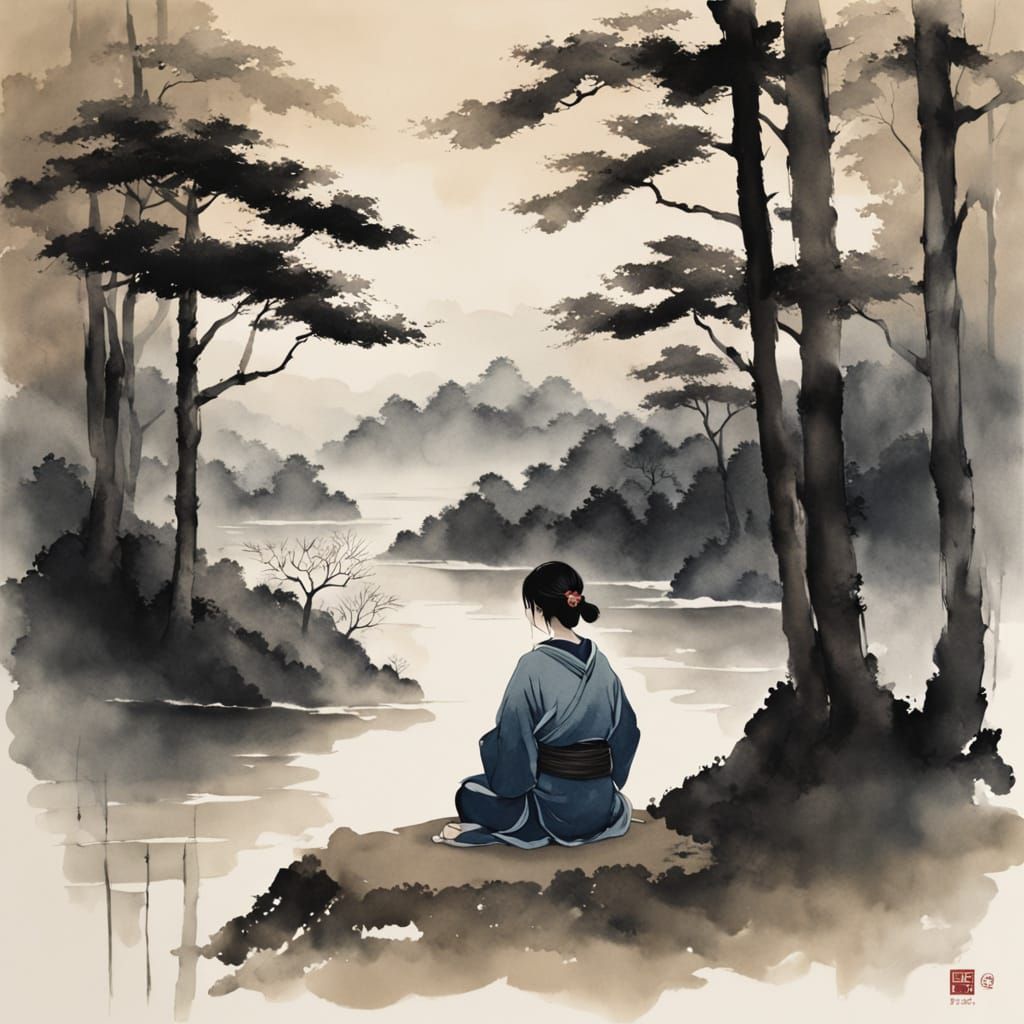 Serene Japanese Woman in a Tranquil Forest Glade, Ink Wash S...