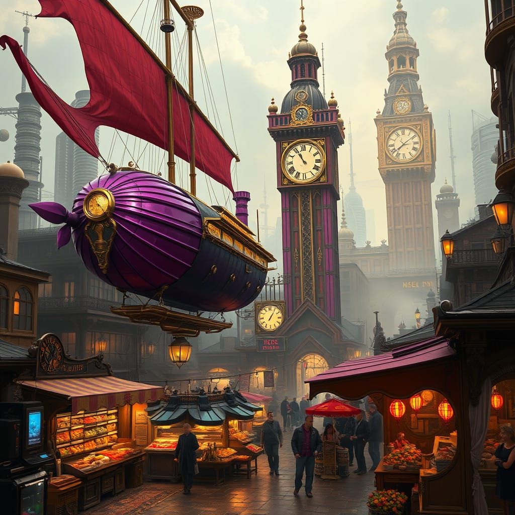 Steampunk Cityscape with Elegant Airship and Market