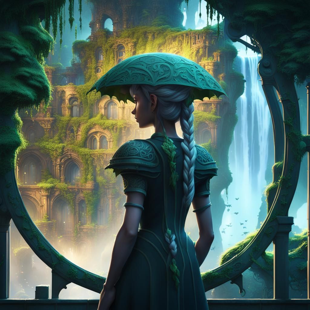 Lush Overgrown City with Waterfall, Detailed Matte Painting