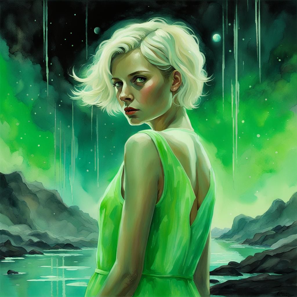 Neon-Noir Woman on Light Green Alien Planet