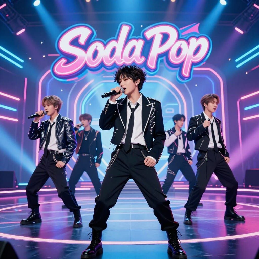 Energetic K-Pop Star Performs on Neon Futuristic Stage